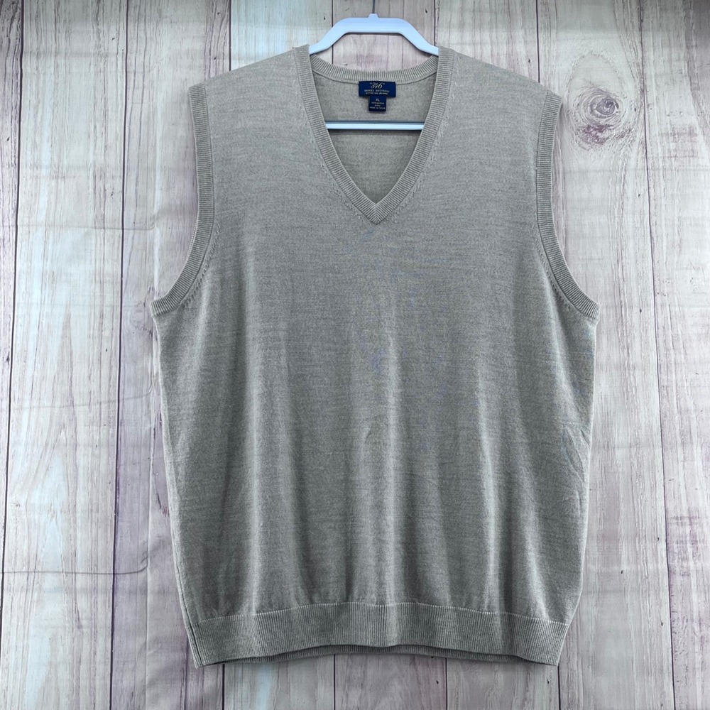 Brooks Brothers 346‎ Mens XL Tan Beige 100% Extra Fine Merino Wool V-Neck Vest
